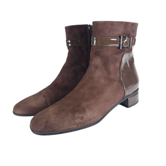 Aquatalia Women's Luanna US8,5 Brown Suede Patent Leather Side Zip Ankle Boots - Picture 1 of 15